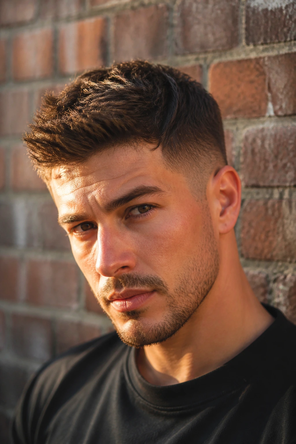 Man with textured crop quiff against brick wall in natural light