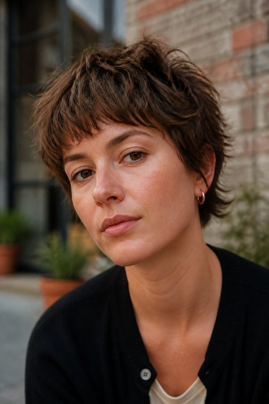 Close-up portrait of a real woman with textured crop shag hairstyle