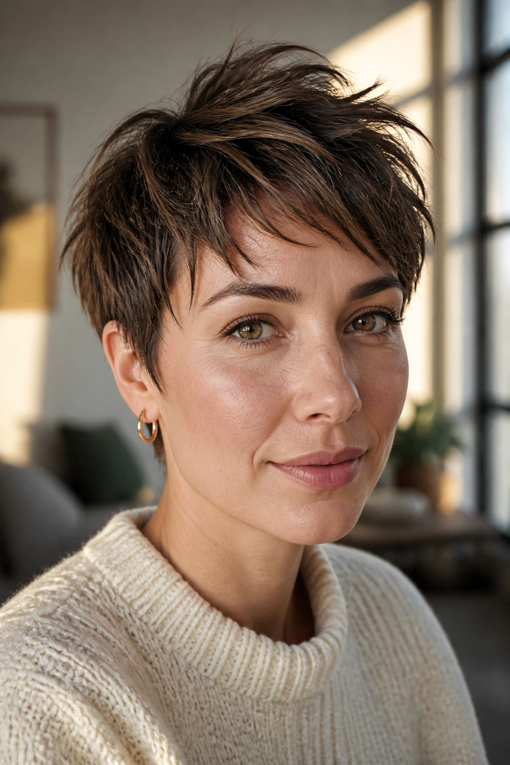 Close-up portrait of a woman with a textured crop and choppy ends in a sunlit living room
