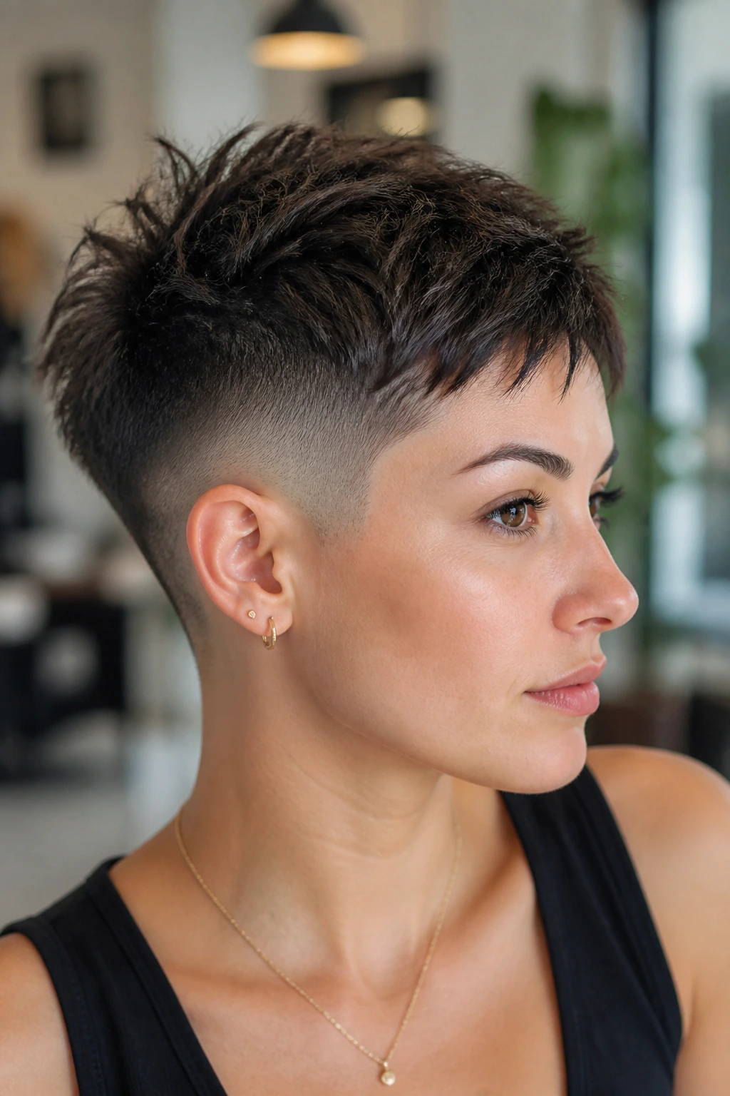 Close-up portrait of a woman with a skin fade and textured crop.