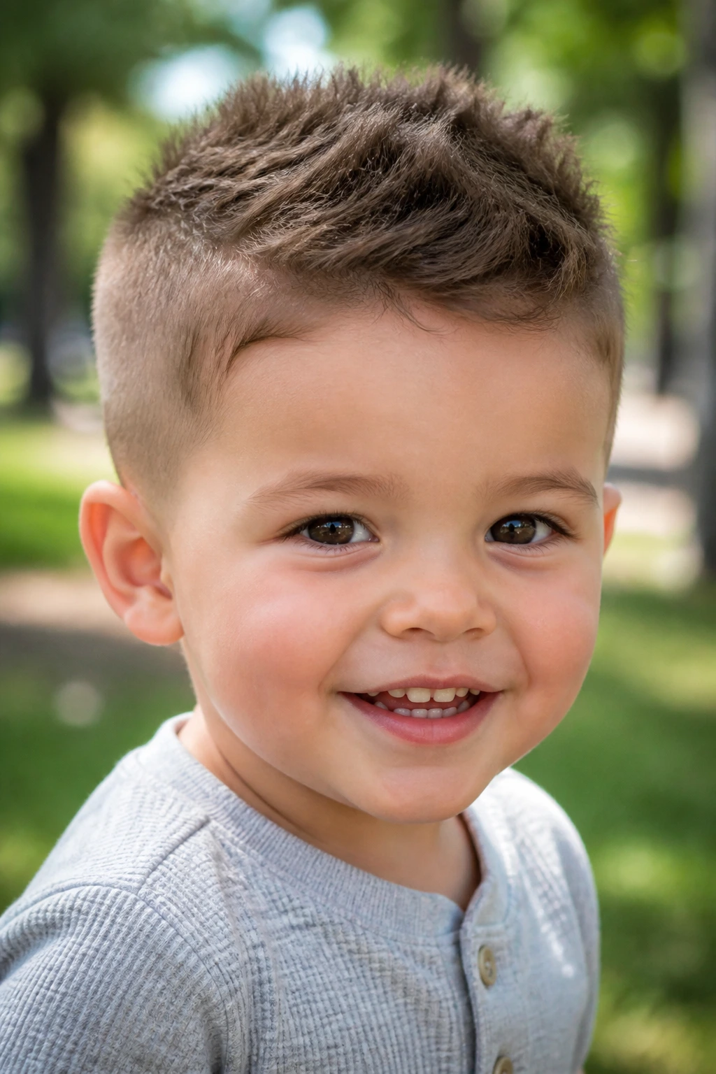 Close-up of a toddler with a textured crop hairstyle, short choppy top and piecey ends, outdoors on a sunny day