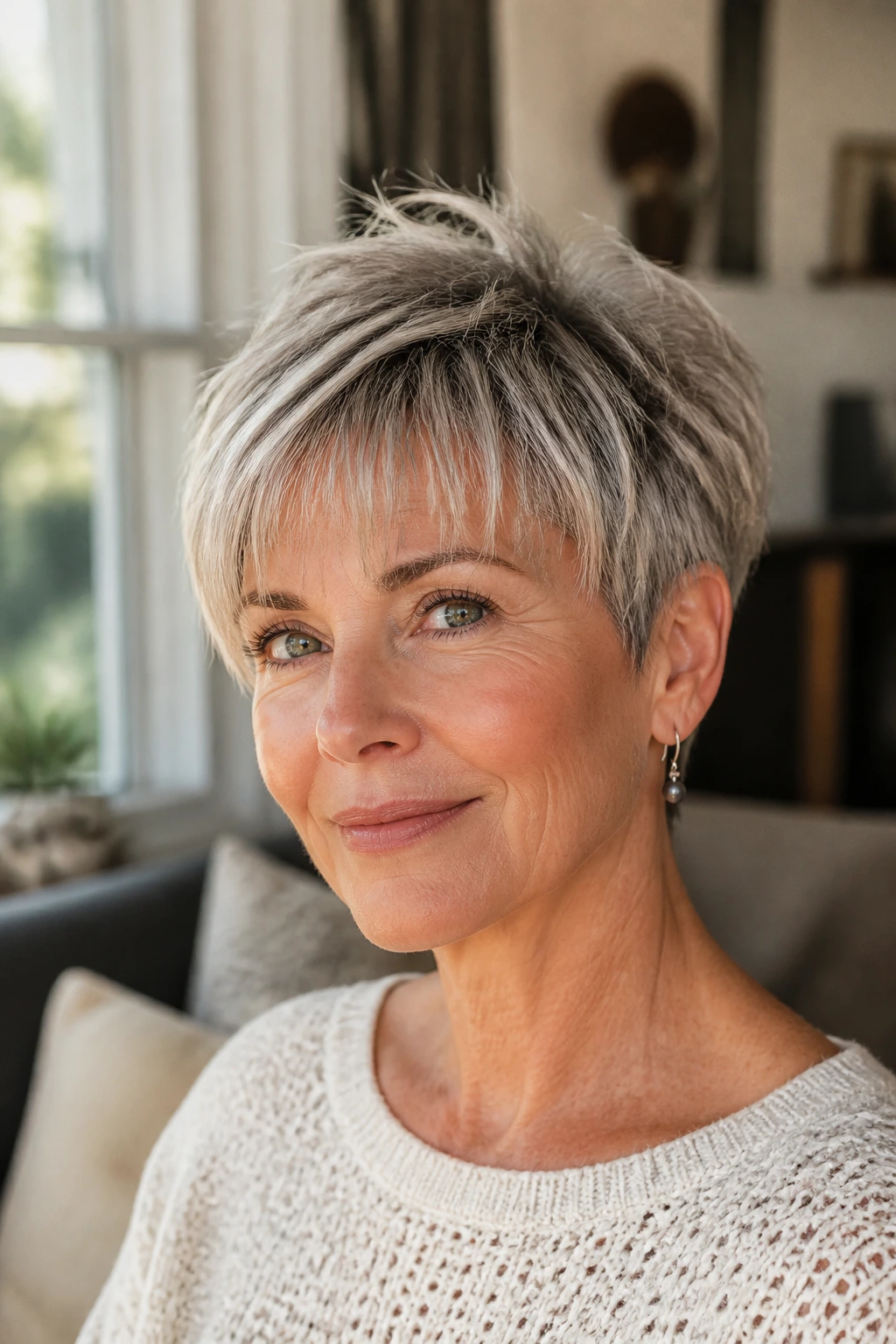 Close-up of a real woman with textured crop and wispy fringe in natural light