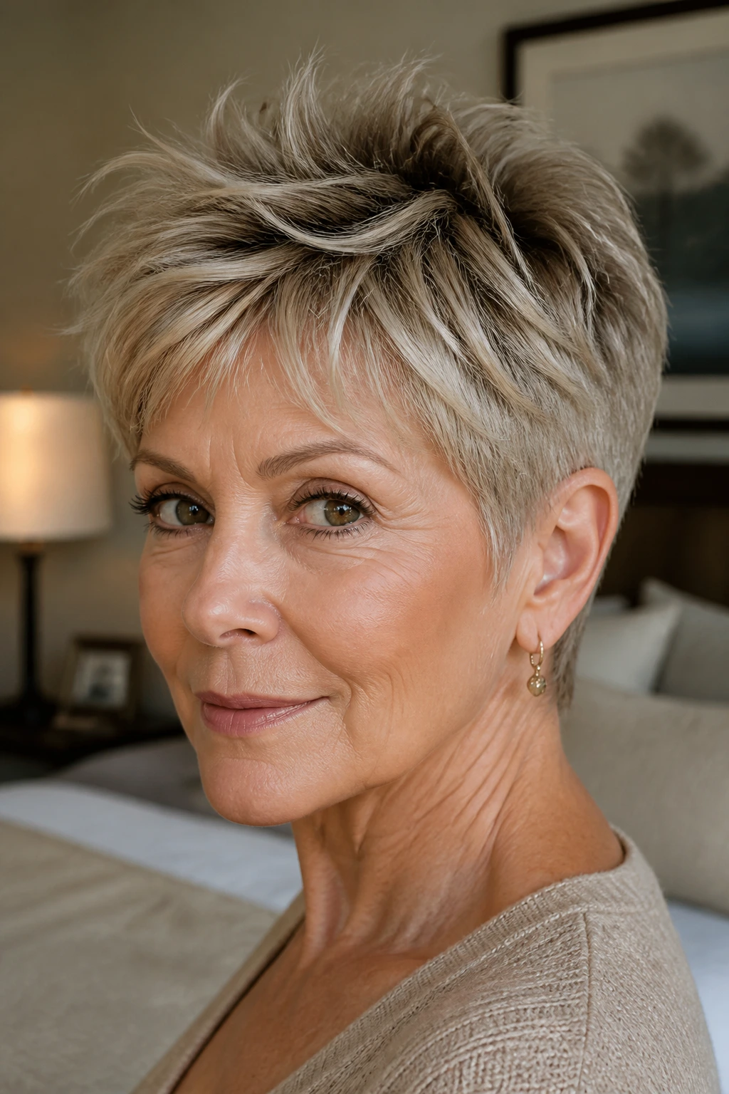 Close-up of real person with textured crown feathered crop focusing on crown volume.