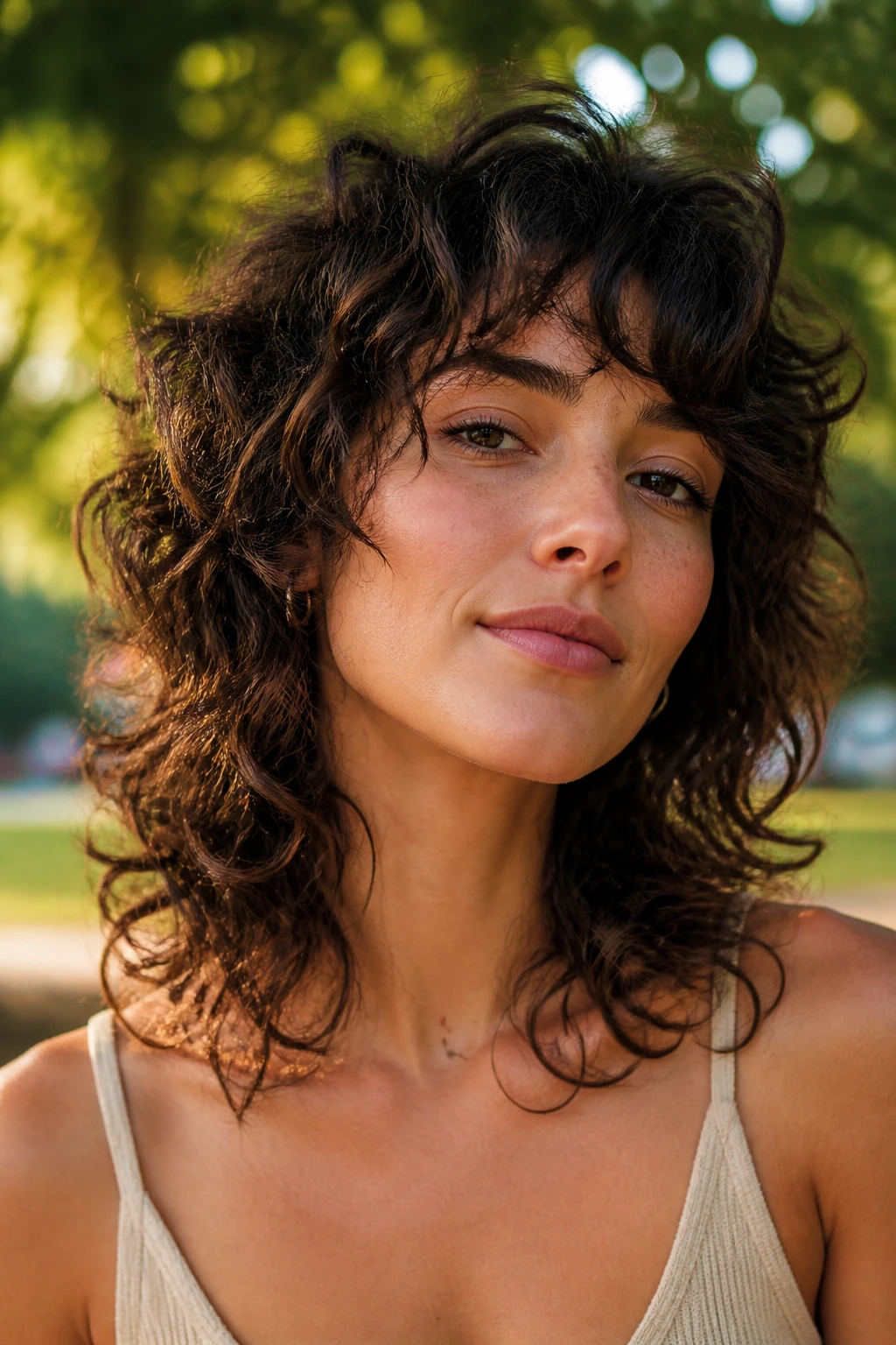 Close-up portrait of a real woman with textured curls shag in a sunlit outdoor setting