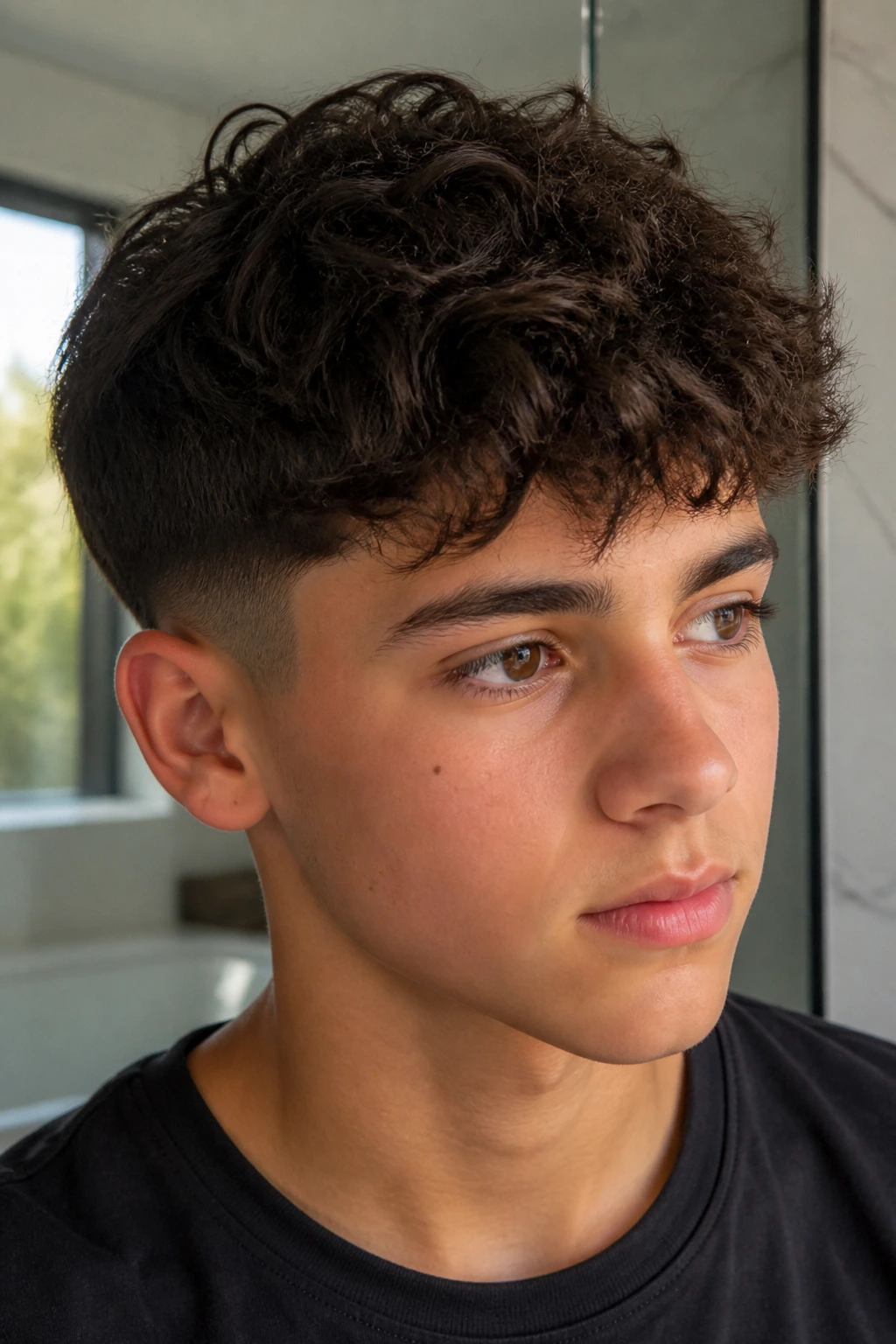 Boy with short textured curly top and tapered sides