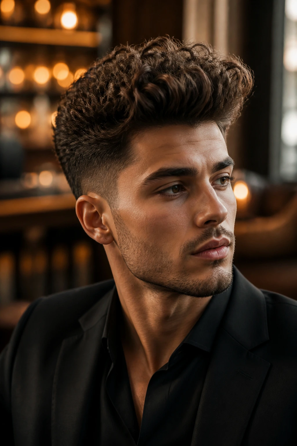 Portrait of a man with a textured curly pompadour in warm lighting