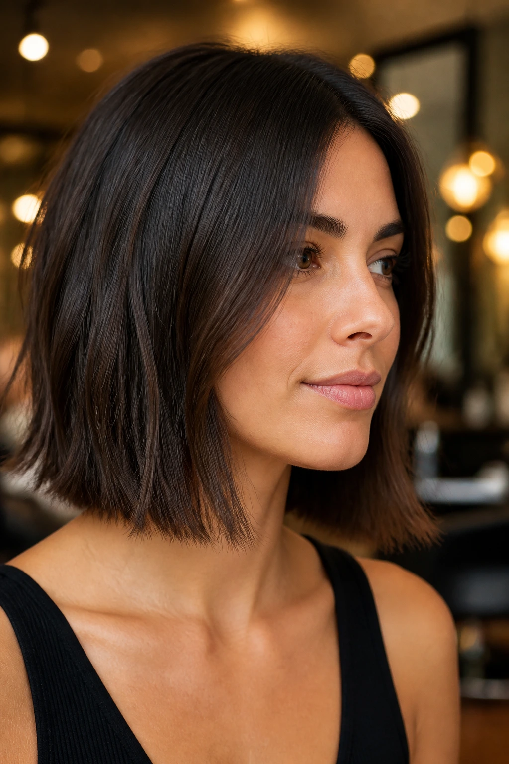 Close-up of a real woman with a textured-end lob showing movement