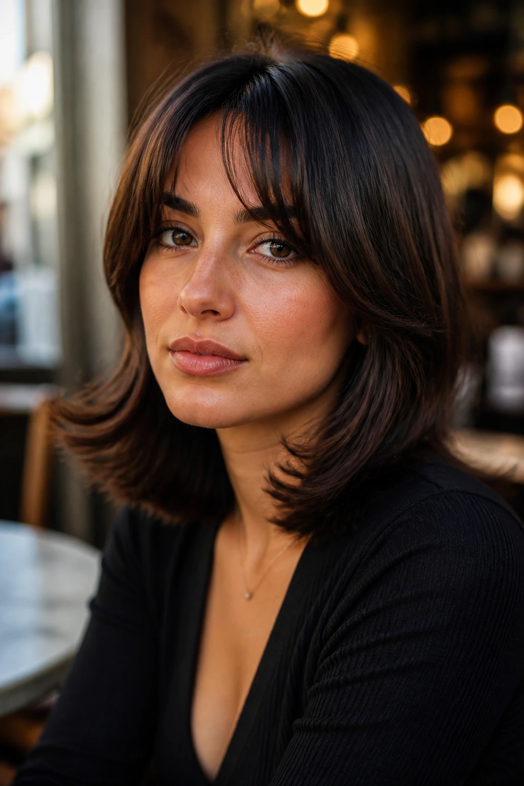 Close-up of woman with textured flip-out ends and center-part bangs in a cafe setting