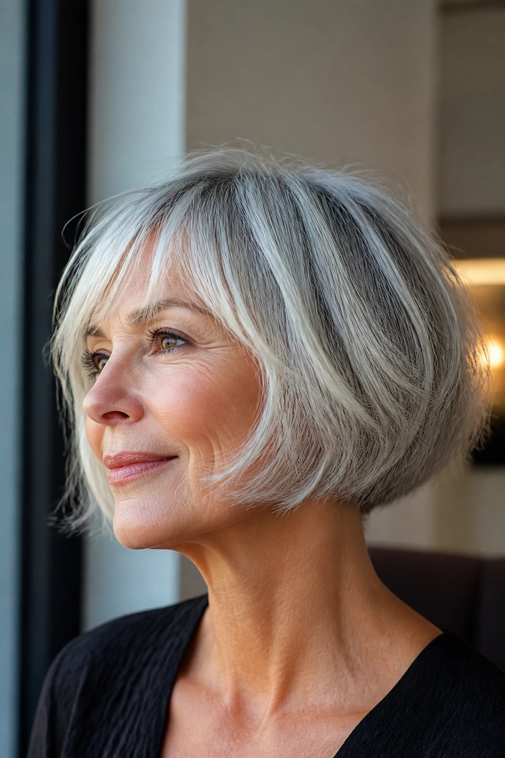 Close-up of real woman with textured French bob