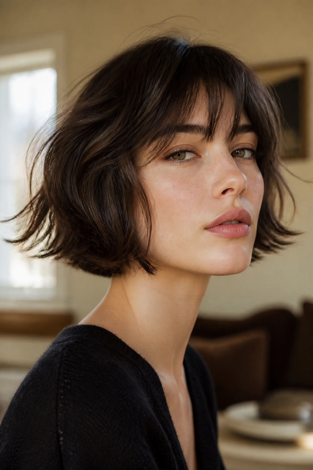 Close-up of a woman with textured French bob at cheekbone length