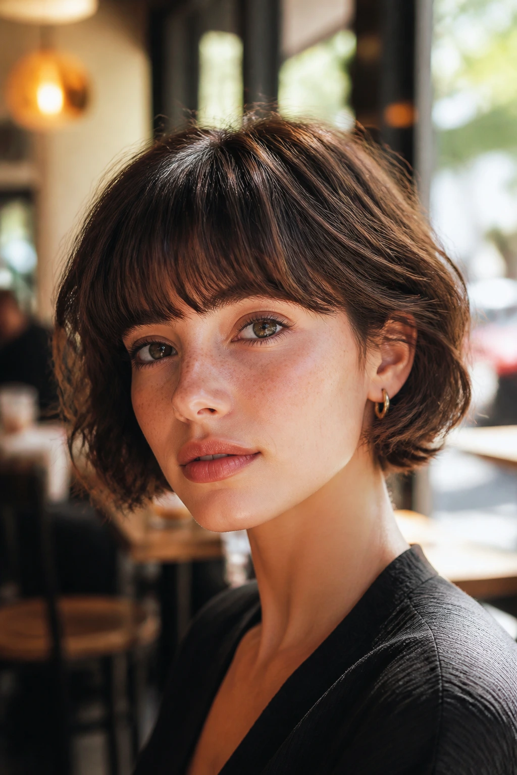 Close-up of textured French bob with brow-grazing fringe on a real woman