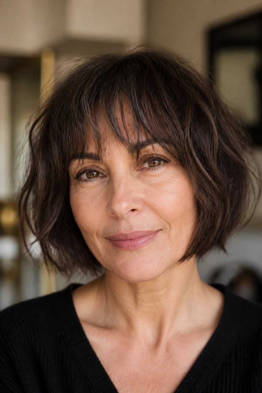 Portrait of a woman with a jaw-length textured French bob and airy bangs