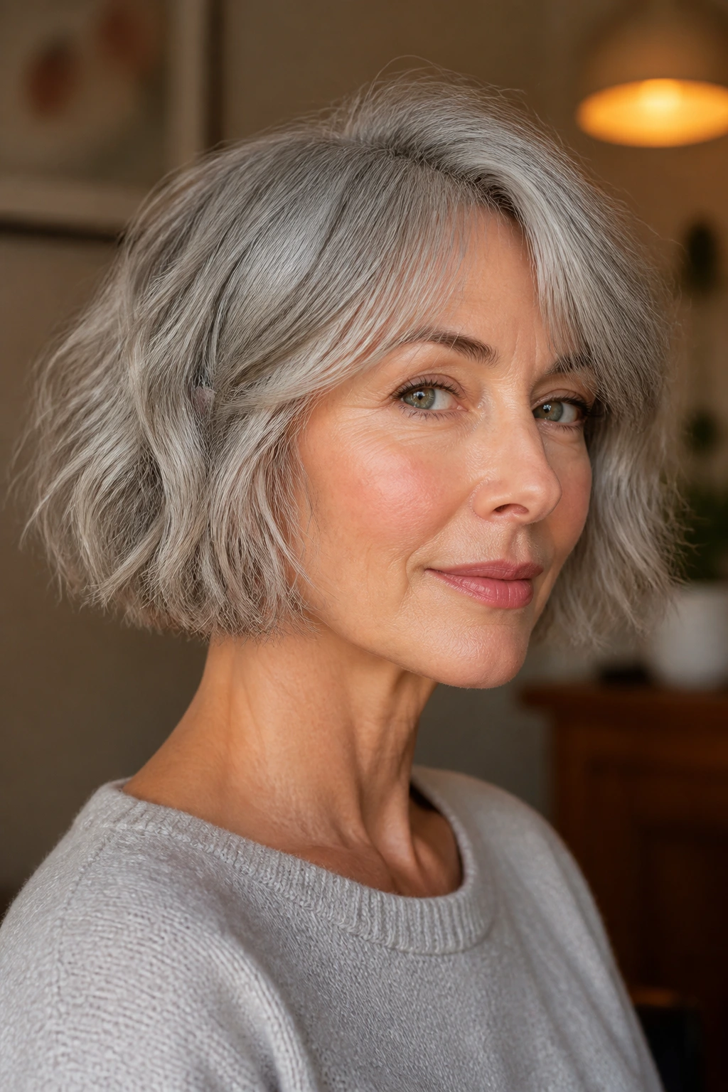Close-up portrait of a woman with textured French bob and broken ends
