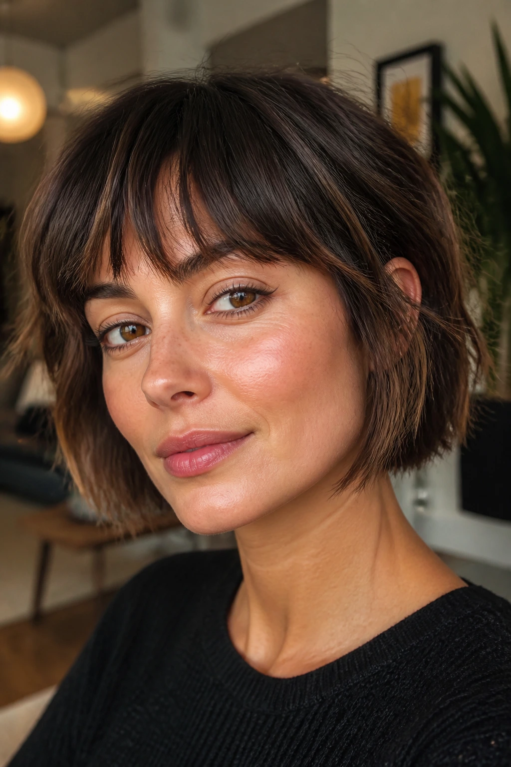 Close-up of a woman with a textured French bob and airy fringe