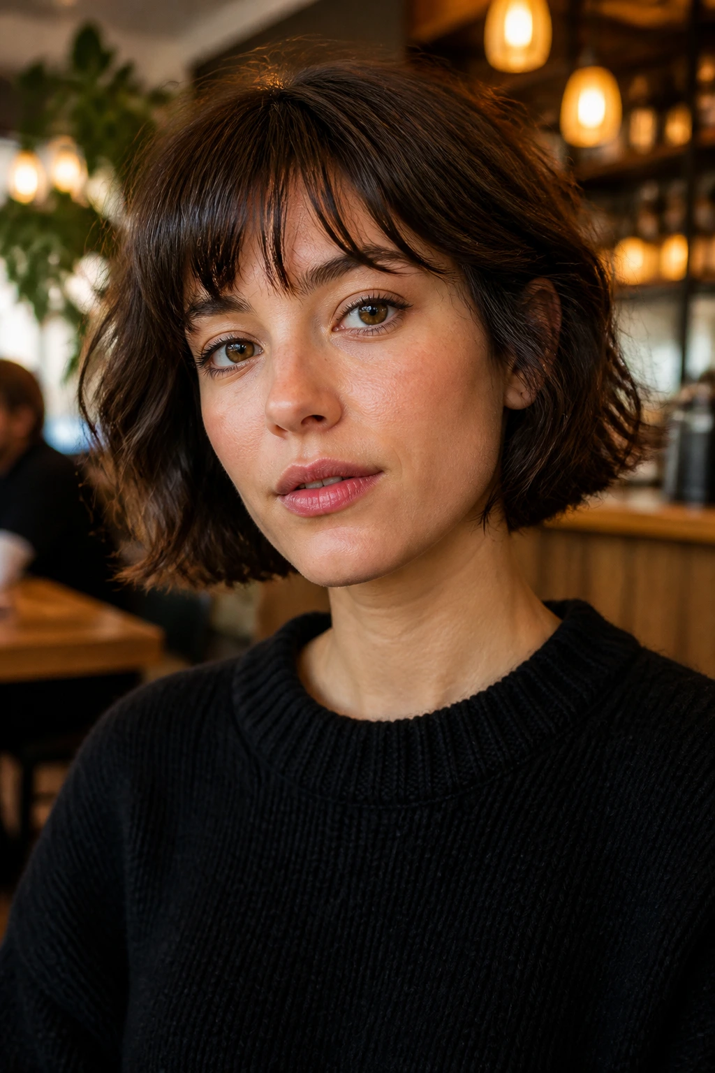 Real person with textured French bob and gappy fringe in cozy cafe lighting