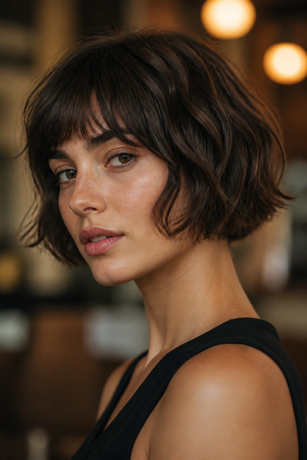 Close-up portrait of a woman with textured French bob and soft waves