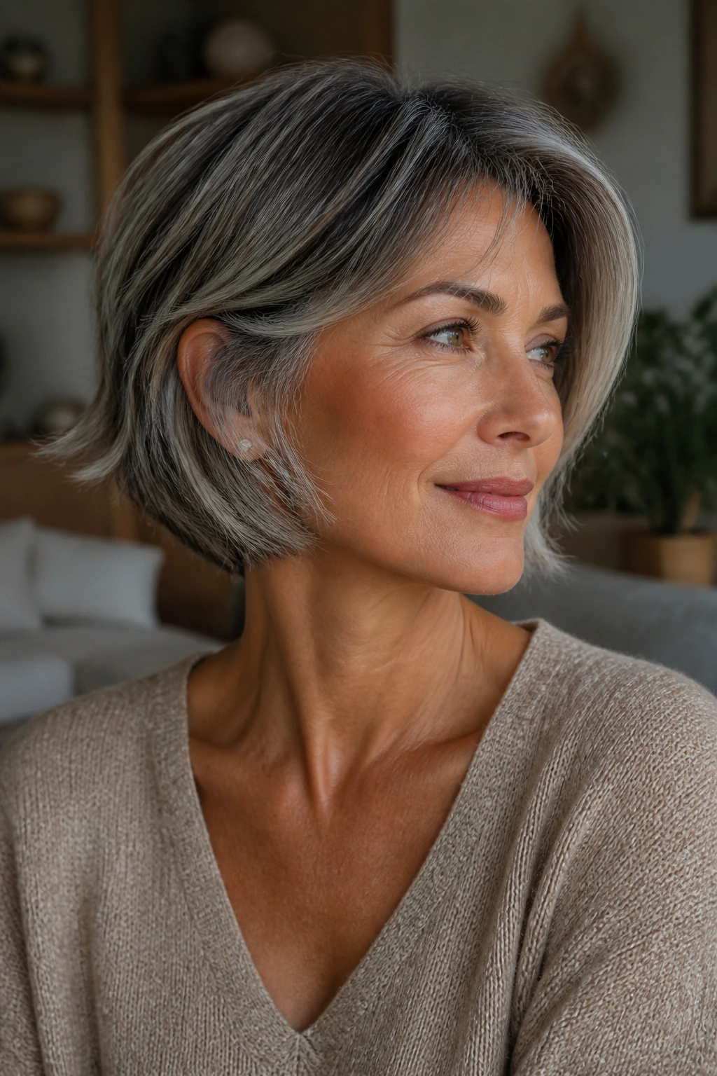 Close-up portrait of a real woman with a cheekbone-length textured French bob and silver ends in natural light