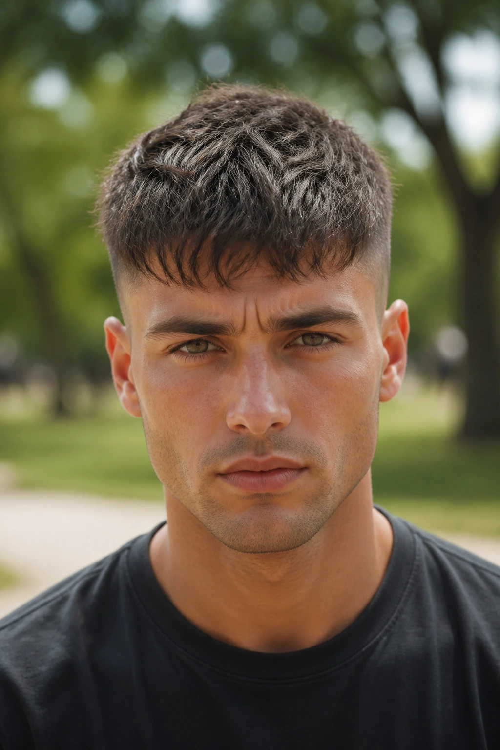 Portrait of a man with textured French crop and forward fringe outdoors