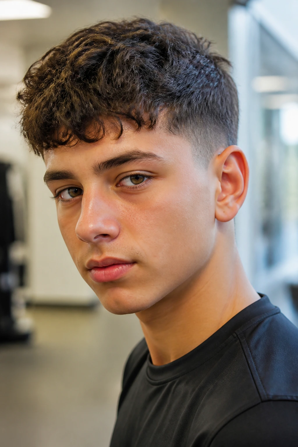 Boy with textured French crop and forward fringe, close-up