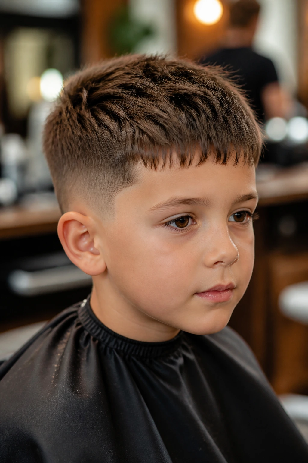 Portrait of a boy with textured French crop in a barbershop setting