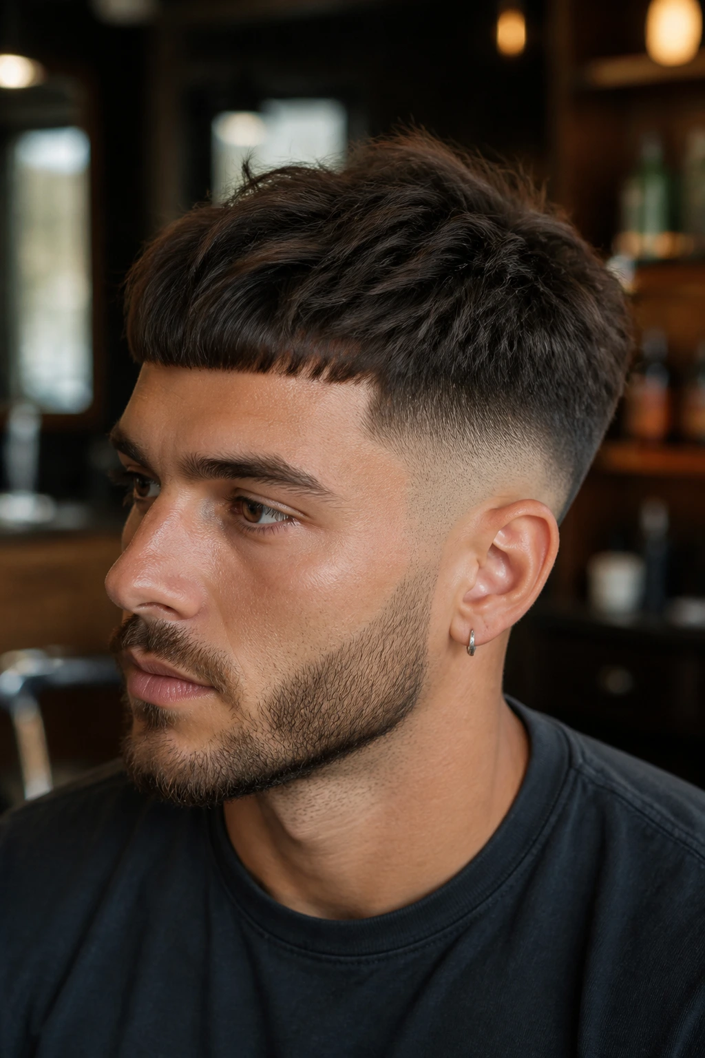 Close-up portrait of a real person with textured French crop and low fade hairstyle