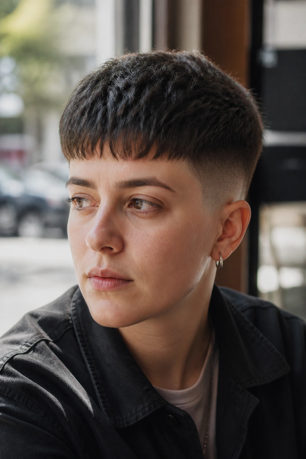 Close-up of textured French Crop hairstyle on a real person in a sunlit cafe