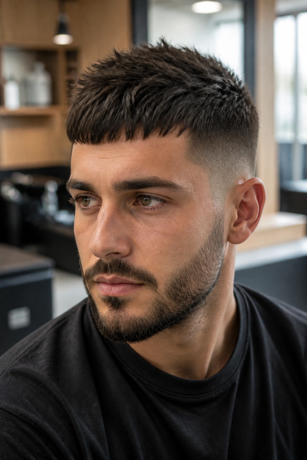 Close-up of a man with a textured French crop and spiked top in a bright barber shop