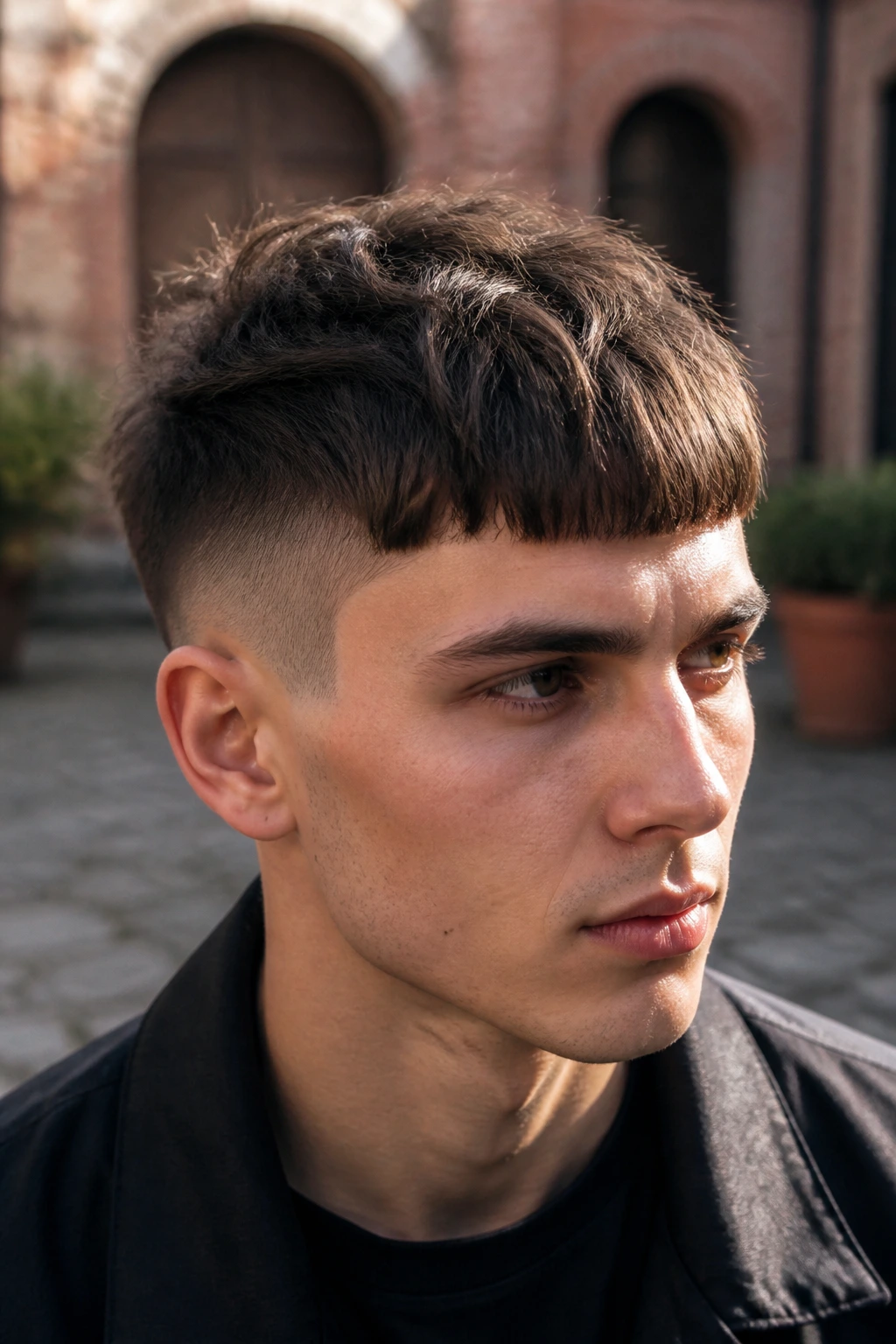 Close-up portrait of a person with a textured French crop undercut against a brick courtyard
