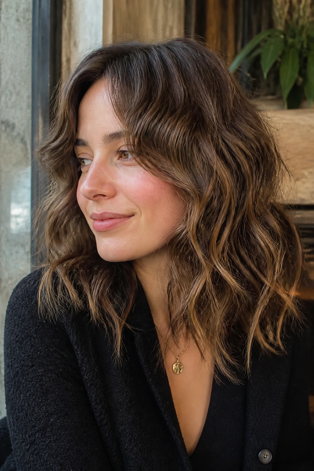 Close-up of a real woman with textured French girl waves