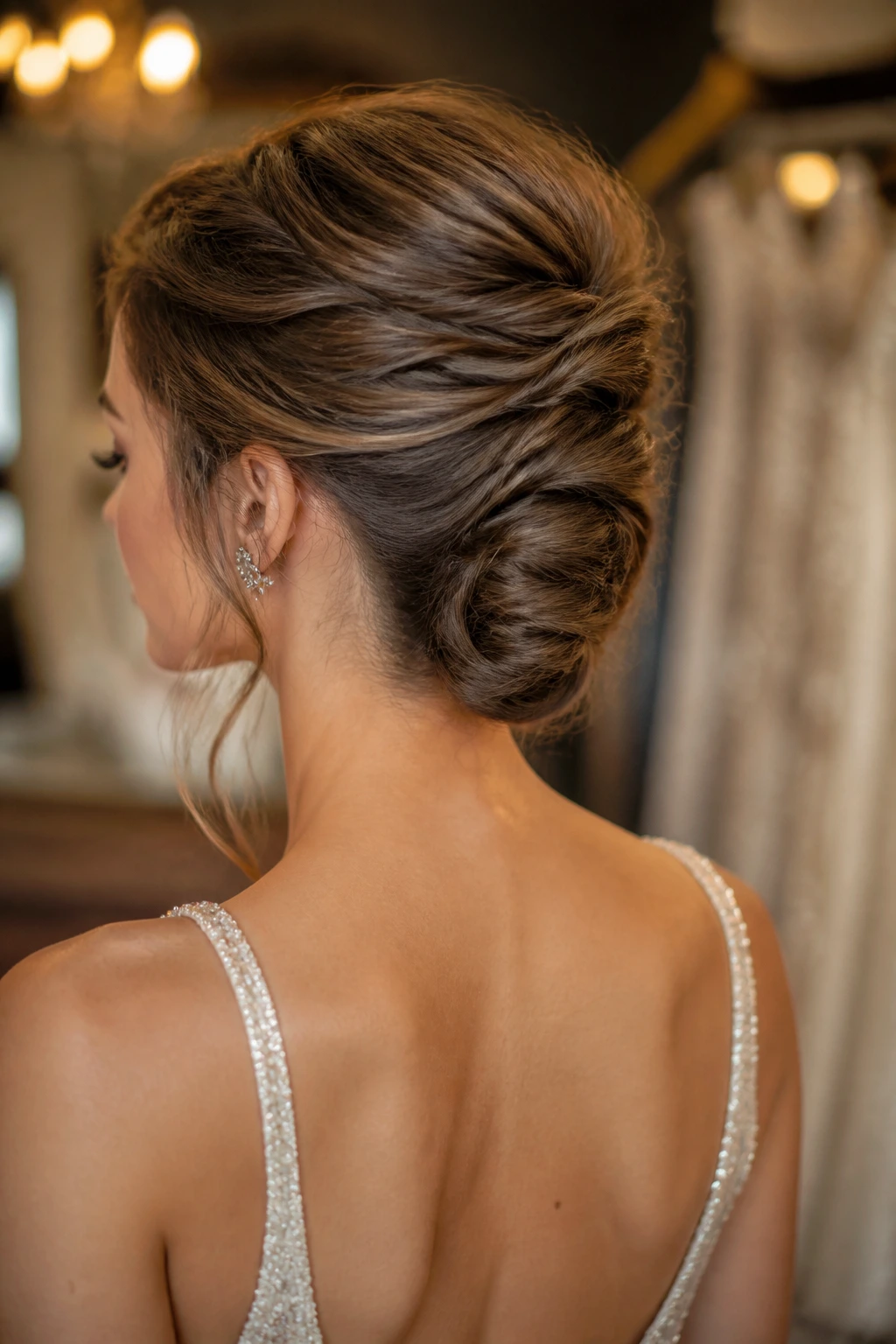 Close-up of a real woman with a textured French twist at the nape