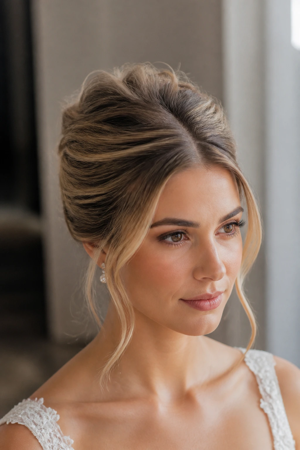 Close-up portrait of a real woman with textured French twist and airy crown at the crown