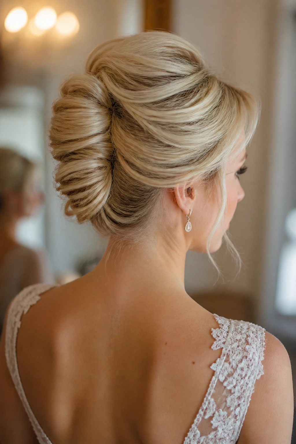 Close-up of textured French twist on blonde hair