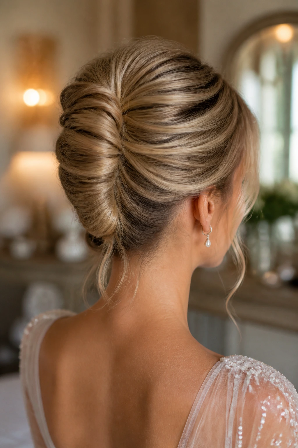 Back view of a real bride showcasing a textured French twist with soft ends.