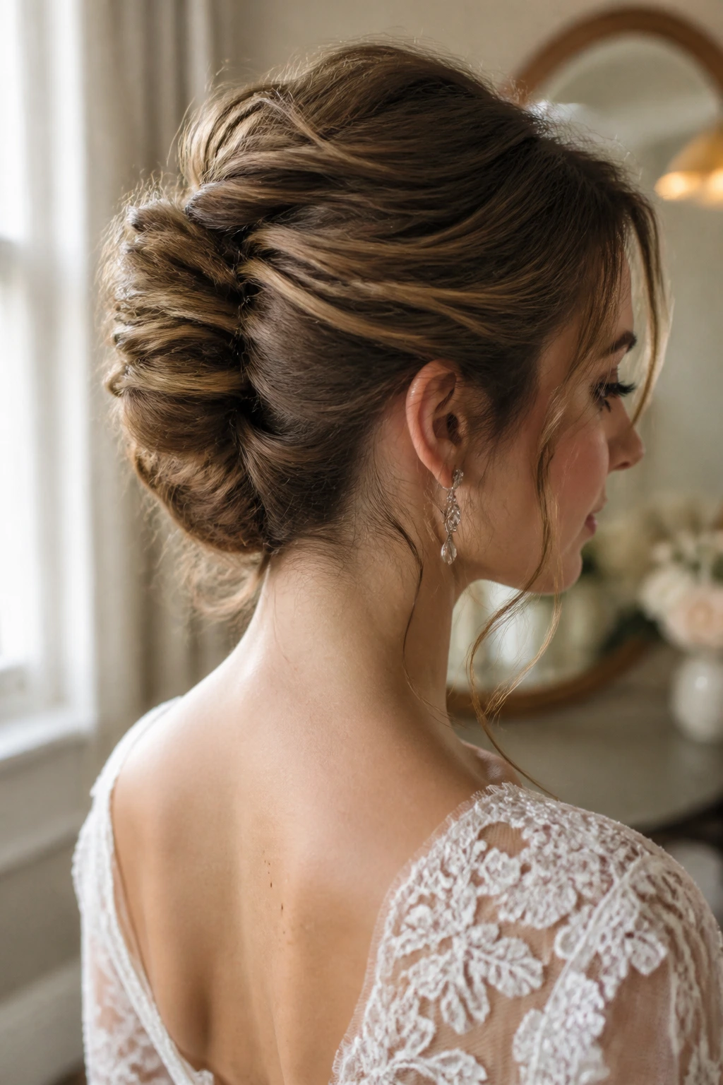 Close-up of a real bride with a textured French twist and soft facial tendrils