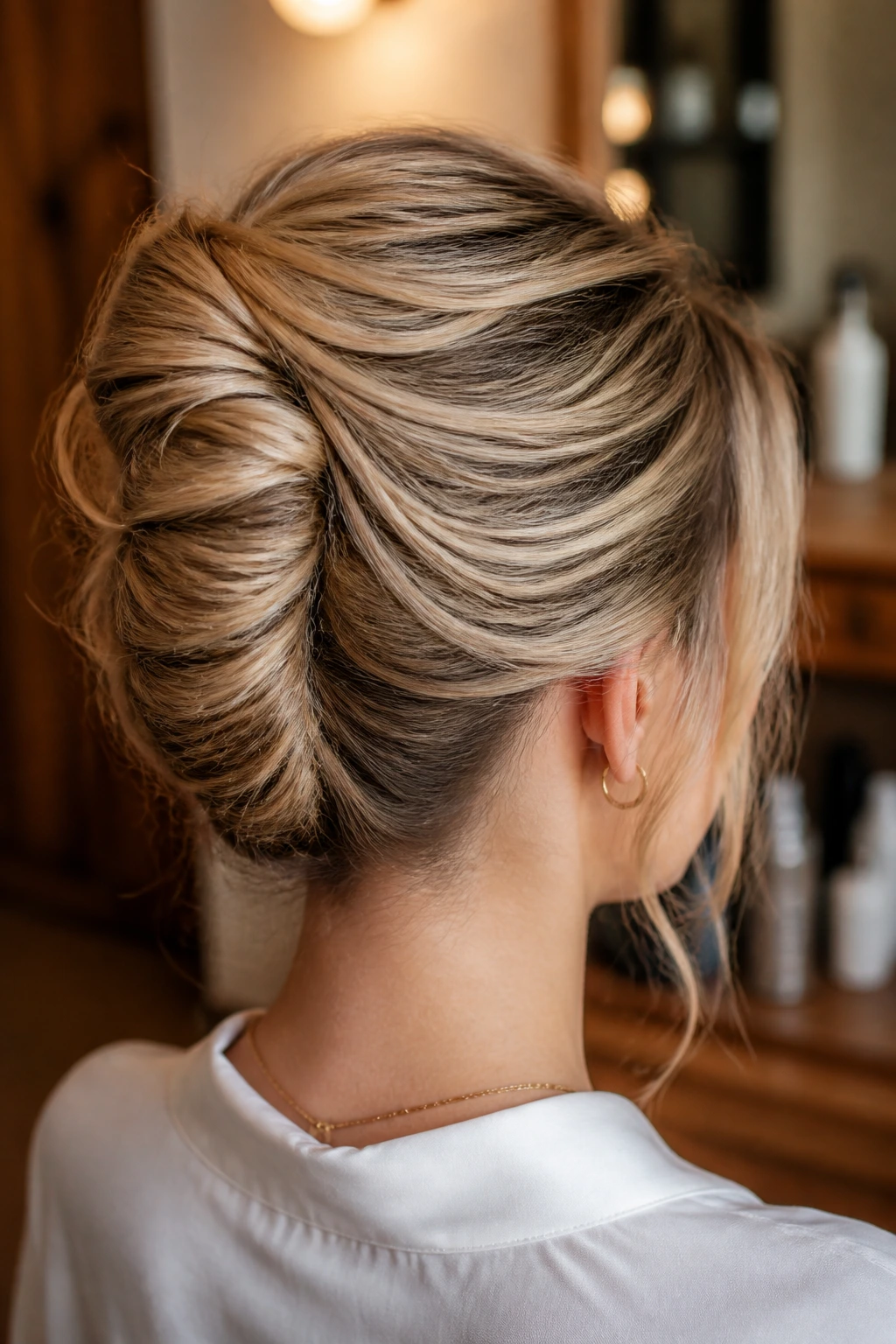 Back view of a real woman with a textured French twist for fine hair in a softly lit salon.