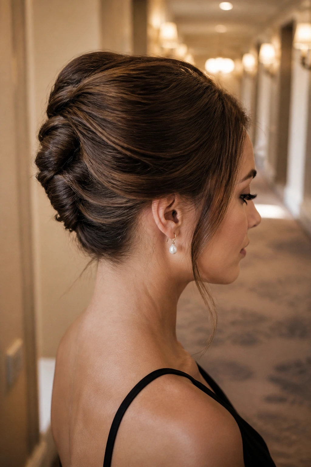 Profile shot of a real woman displaying a Textured French Twist with light temple pieces.