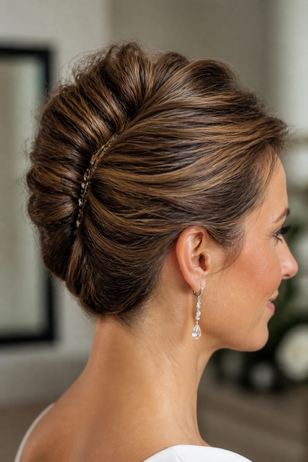 Real woman with textured French twist on short hair