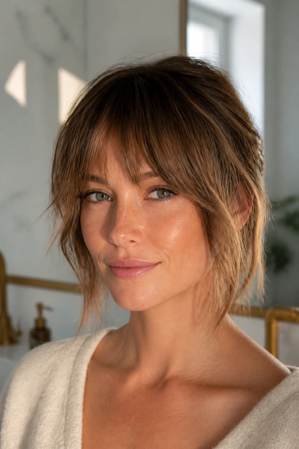 Close-up of a real woman with textured fringe during morning light