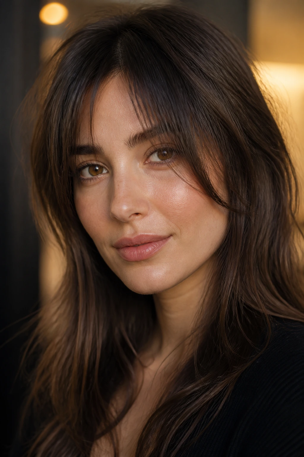 Close-up of a woman with textured long fringe grazing the cheekbones