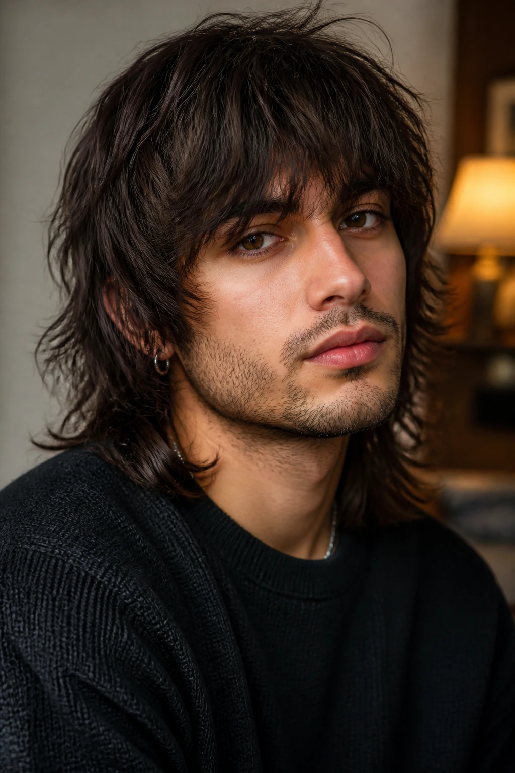 Man with heavy textured fringe framing the face in long hair