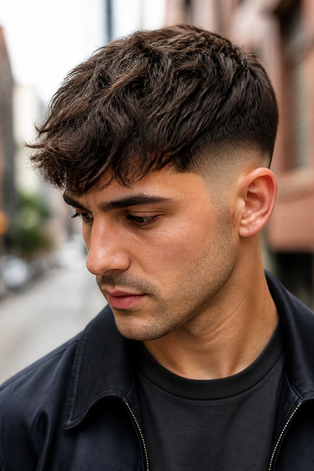 Portrait of a man showing textured fringe and temple fade