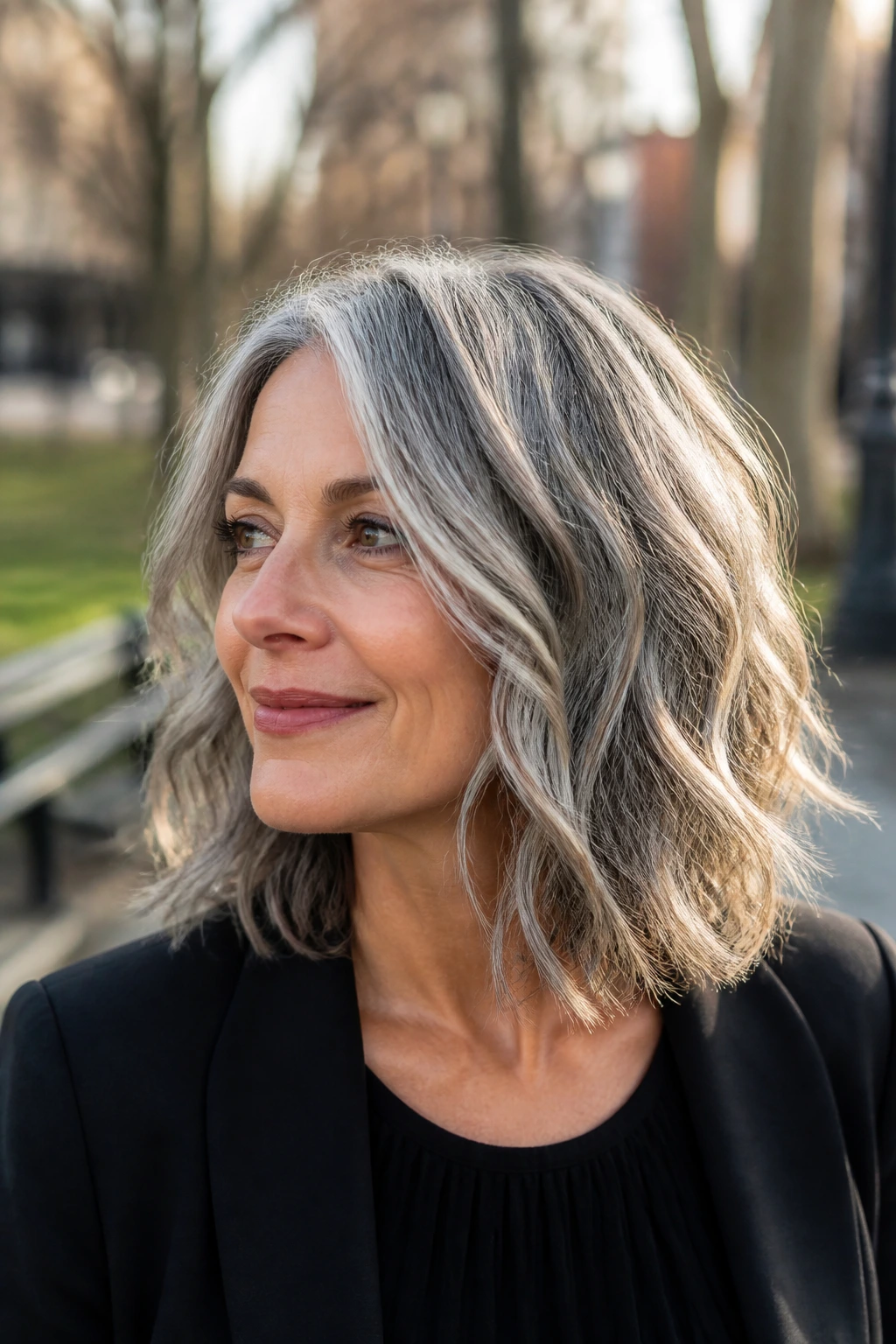 Real woman with textured mid-length gray hair and piecey ends in an outdoor park
