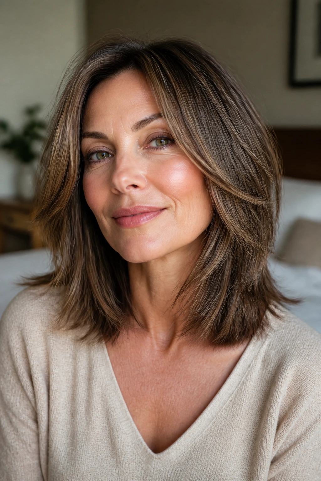 Close-up portrait of a real woman with a textured mid-length cut and invisible layers in natural window light