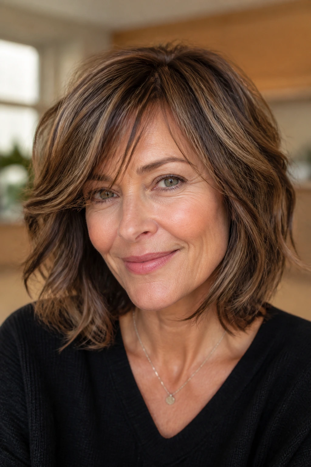 Portrait of a woman with a flattering layered haircut that works with frizzy hair.
