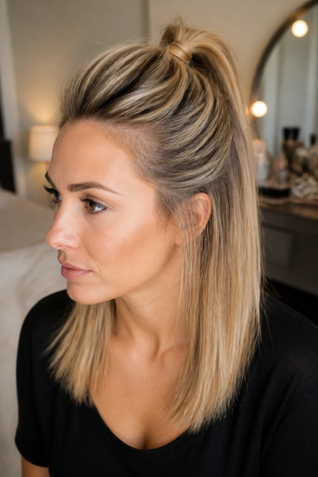 Close-up of a real woman with a textured crown half pony and straight lower ends.