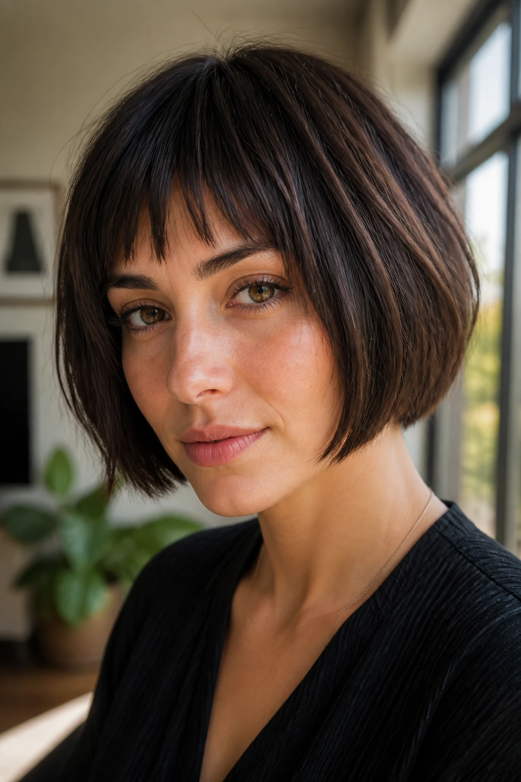 Close-up of a real woman with a textured helmet bob and broken bangs in a bright living room
