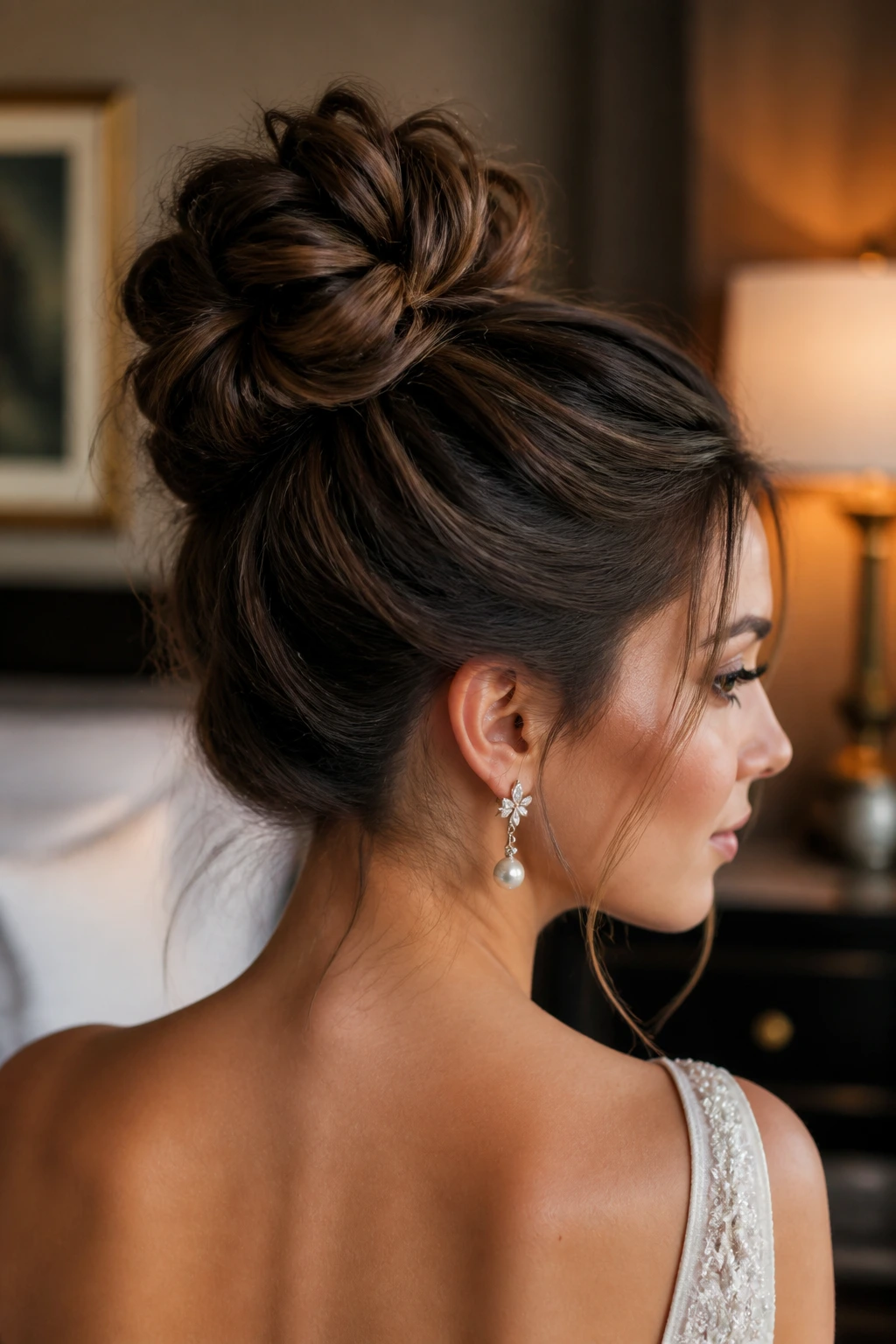 Close-up of a bride with a textured high bun.