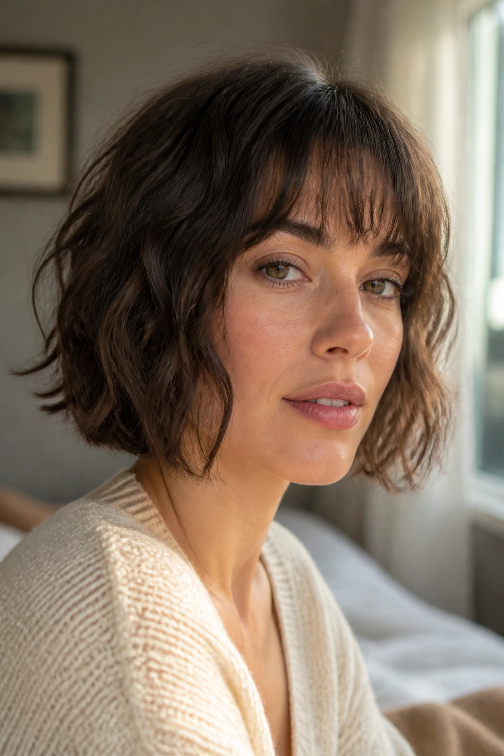 Close-up of a real woman with textured jaw-length bob and wispy fringe