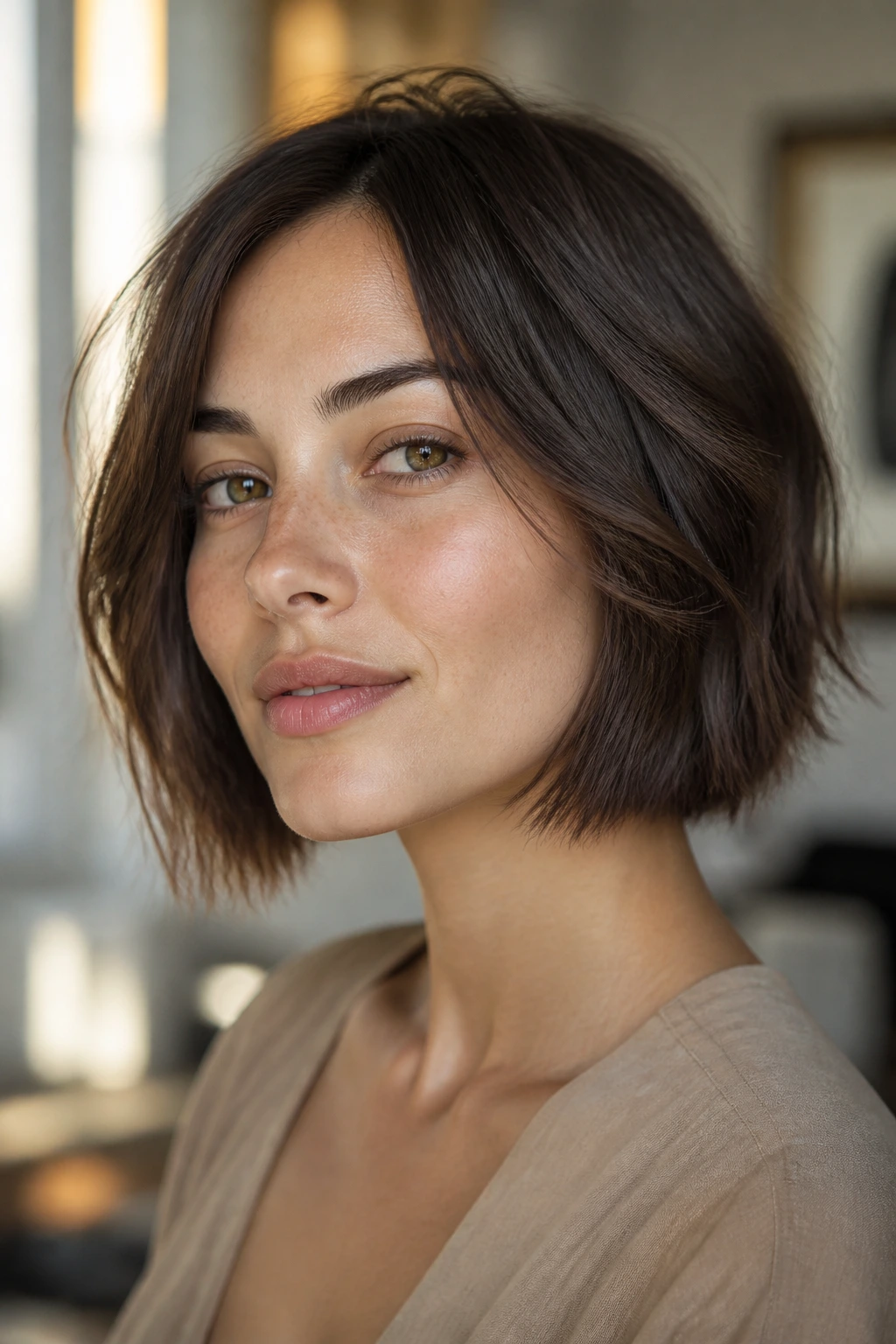 Portrait of a woman with textured jawline bob and choppy ends