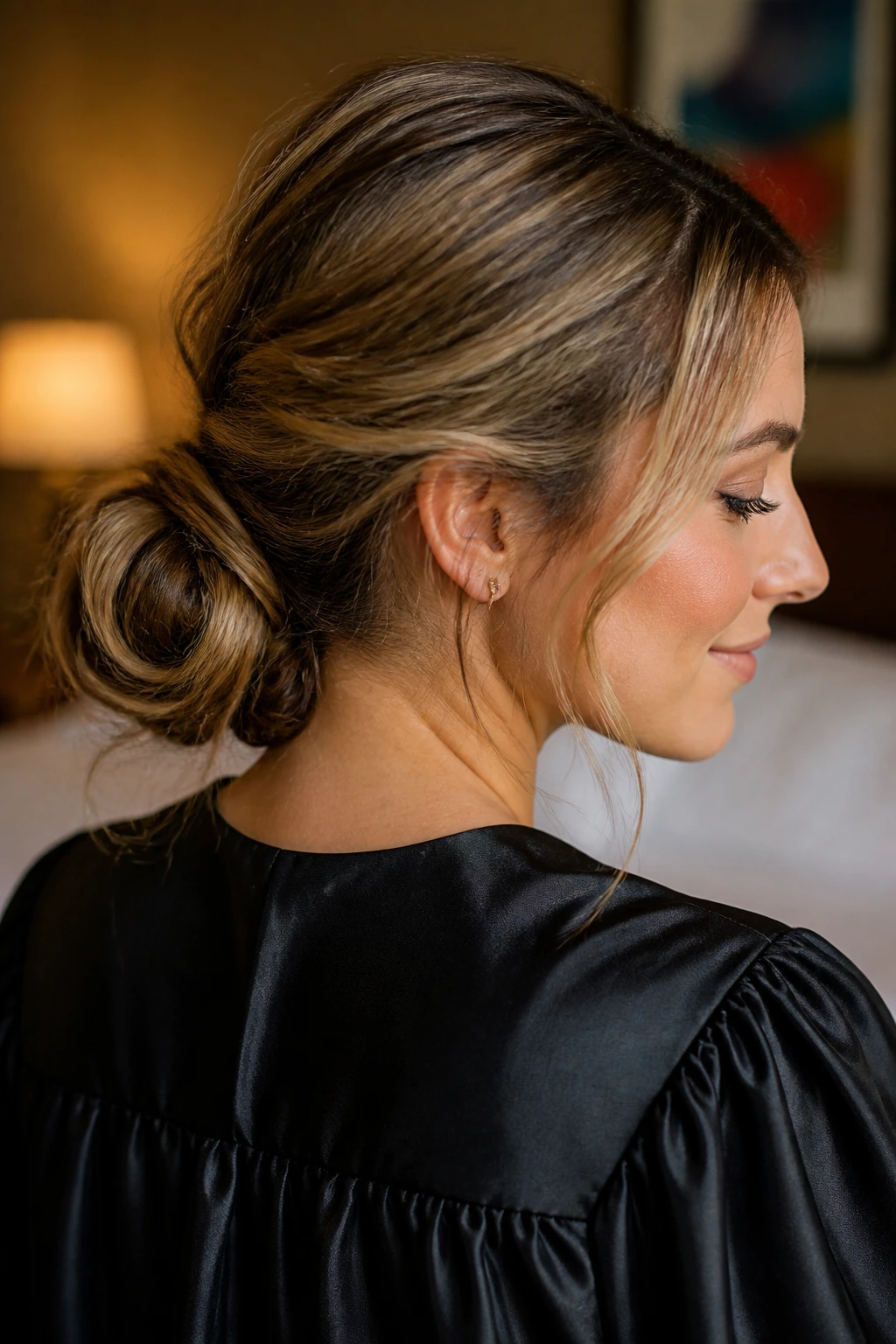 Portrait of a woman with a textured low knot at the nape